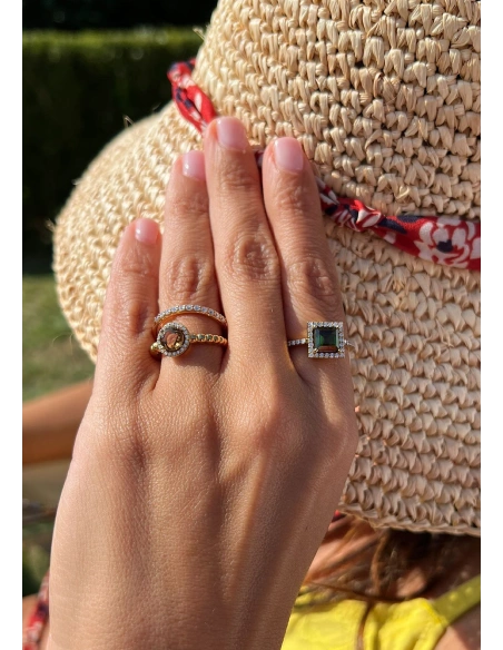 Bague BURBUJAS or jaune 18K halo de diamants et tourmaline.