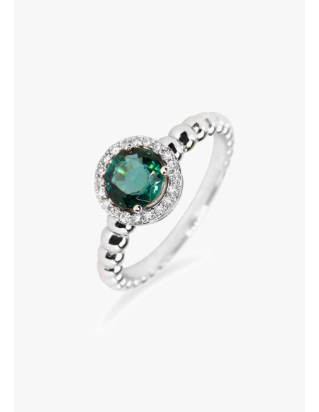 BURBUJAS 18K white gold diamonds and tourmaline halo ring.