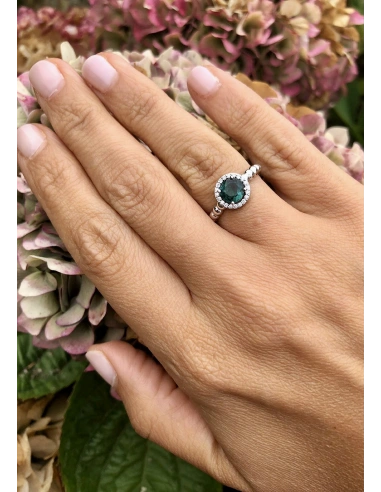 BURBUJAS 18K white gold diamonds and tourmaline halo ring.