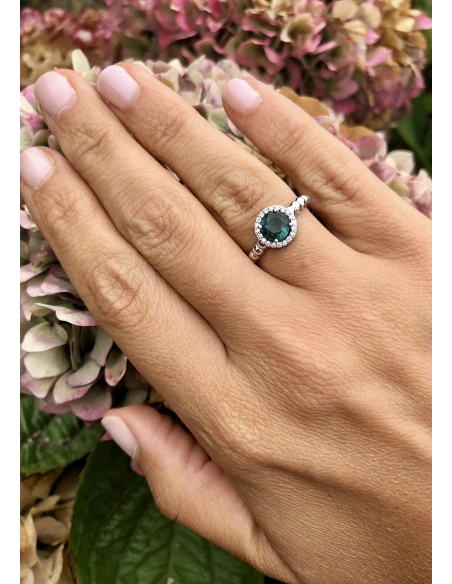 BURBUJAS 18K white gold diamonds and tourmaline halo ring.