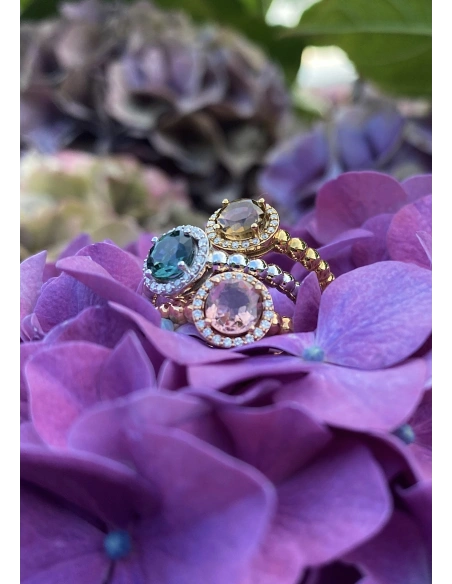 BURBUJAS 18K white gold diamonds and tourmaline halo ring.