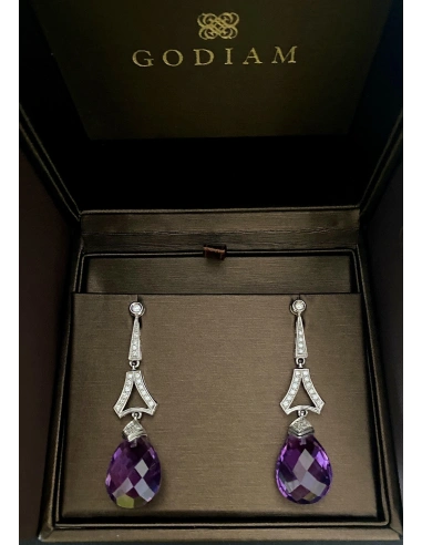 Pendientes largos EIFFEL en oro blanco 18K con diamantes y amatistas
