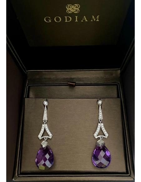 Pendientes largos EIFFEL en oro blanco 18K con diamantes y amatistas