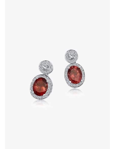 Pendientes AURORA en oro blanco de 18K con halo de diamantes talla brillante y rubelitas talla oval