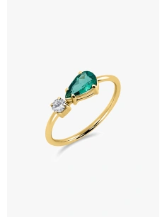 MIRAVELLE 18K yellow gold ring with brilliant cut diamond and pear cut green tourmaline
