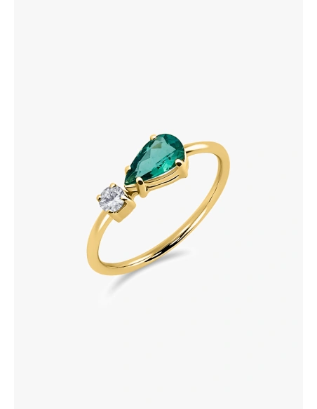 MIRAVELLE 18K yellow gold ring with brilliant cut diamond and pear cut green tourmaline