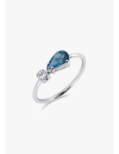 MIRAVELLE 18K white gold ring with brilliant cut diamond and pear cut London Blue topaz