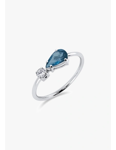 MIRAVELLE 18K white gold ring with brilliant cut diamond and pear cut London Blue topaz