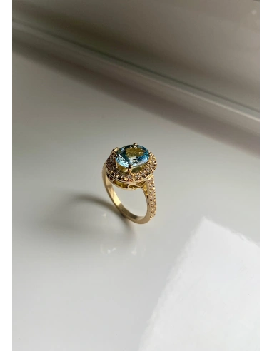 ELSA 18K yellow gold with diamonds and oval cut aquamarine halo ring