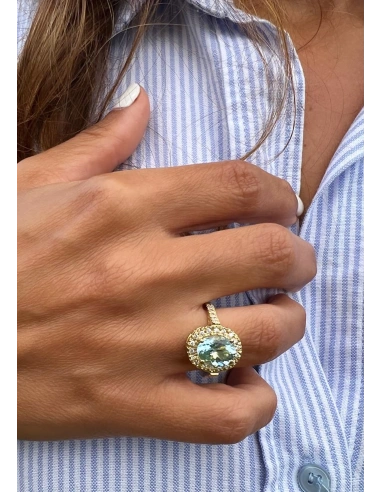 ELSA 18K yellow gold with diamonds and oval cut aquamarine halo ring