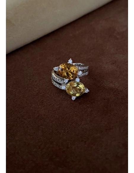 Bague MERMAID or blanc 18K diamants, peridot et quartz fumé.