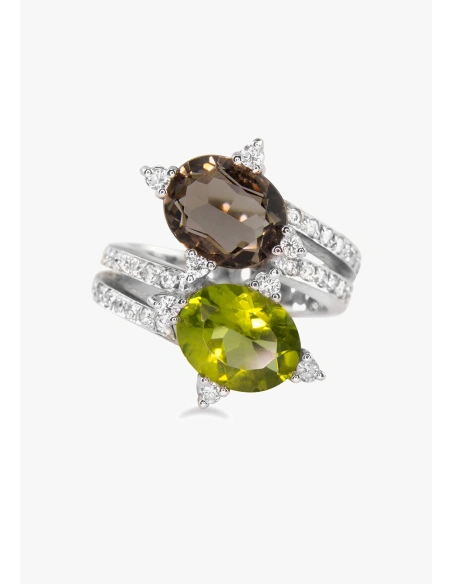 Anillo MERMAID en oro blanco 18K con diamantes talla brillante, peridoto y cuarzo fumée talla oval