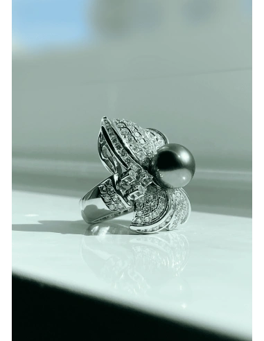 Anillo maxi SOFÍA en oro blanco de 18K con diamantes y perla Tahití|Luxury By GODIAM|Godiam Alta Joyería