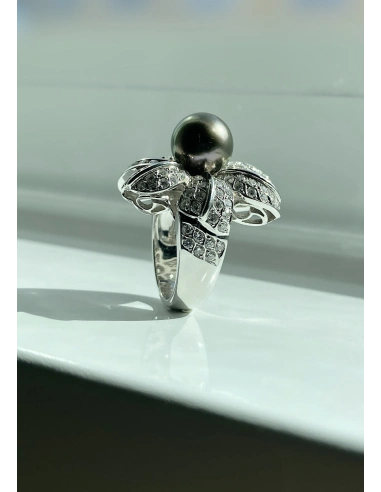Anillo maxi SOFÍA en oro blanco de 18K con diamantes y perla Tahití|Luxury By GODIAM|Godiam Alta Joyería
