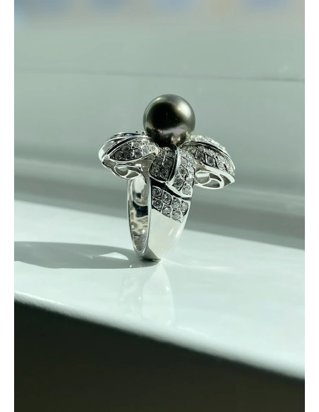 Anillo maxi SOFÍA en oro blanco de 18K con diamantes y perla Tahití|Luxury By GODIAM|Godiam Alta Joyería