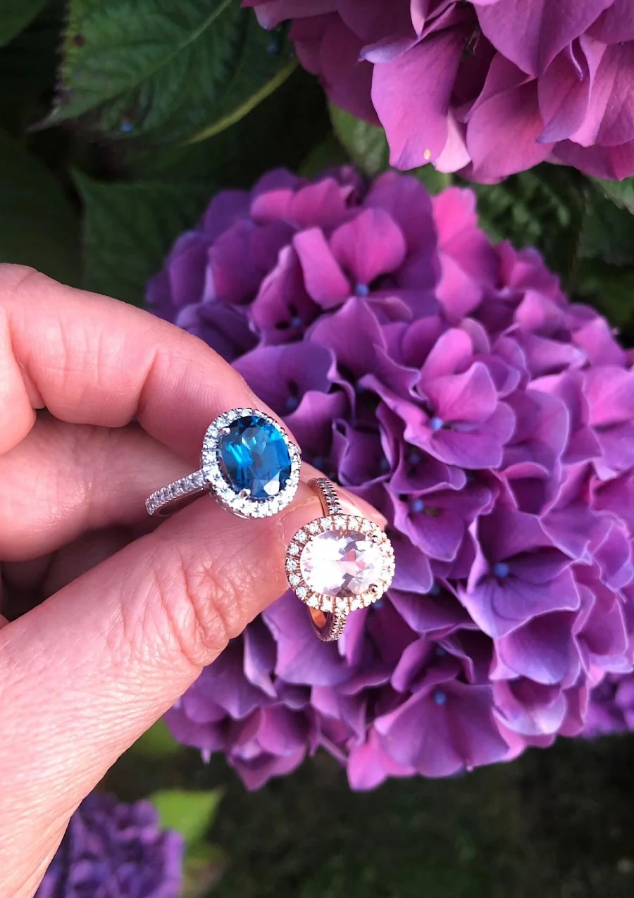 ELSA 18K white gold diamonds and oval cut London Blue topaz halo ring