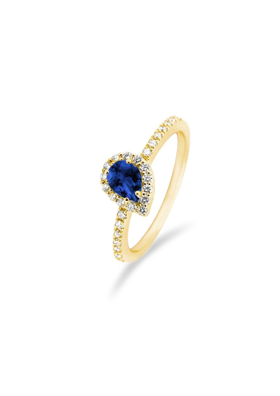 Bague VERÓNICA en or 18K avec halo de diamants taille brilliant et saphir bleu, rubis ou émeraude taille poire