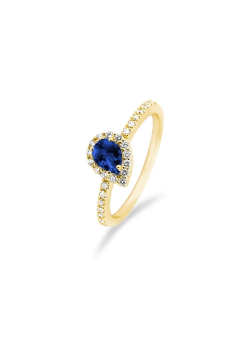 Bague VERÓNICA en or 18K avec halo de diamants taille brilliant et saphir bleu, rubis ou émeraude taille poire